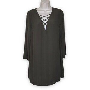 Astr The Label Olive Green Caged Criss Cross Deep V Neck Long Sleeve Dress XS